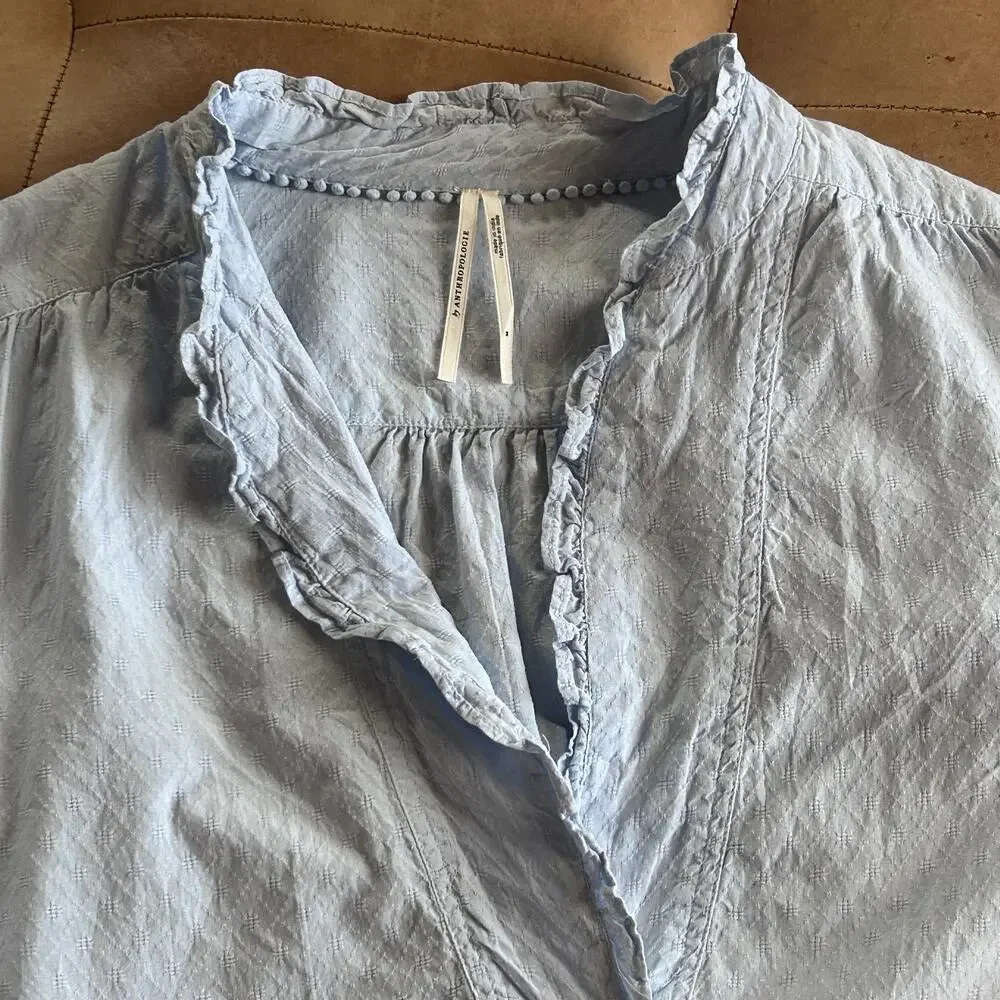 Anthro Anthropologie Cotton Peasant Blouse Puff Sleeve Ruffle Cottagecore Blue M